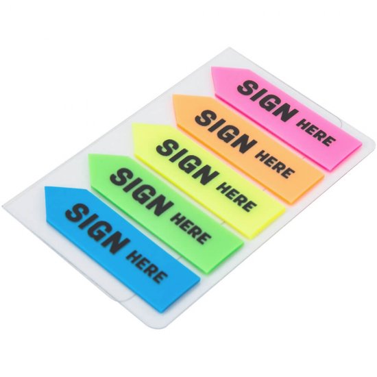 Index Adeziv Plastic, Deli Stick Up, Model “Semneaza Aici”, 44x12 mm, 5 Culori, Indecsi Adezivi in 5 Culori, Indecsi Adezivi in 5 Culori cu Model, Index Plastic cu Adeziv, Evidentiatoare pentru Carti si Caiete, Sticky Note