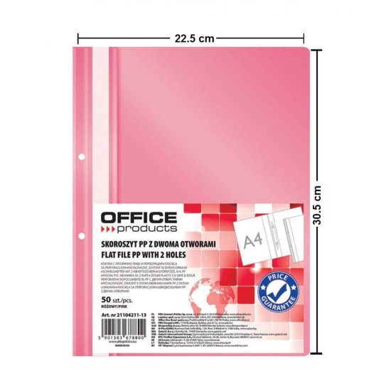 Dosare din Plastic cu Sina si Doua Perforatii, 50 Buc/Set, 225x305 mm, Capacitate 200 Coli, Culoare Roz, Dosare din Plastic OFFICE Products, Dosar pentru Documente, Mapa Documente, Dosare pentru Arhivare Documente
