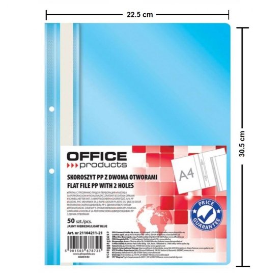 Dosare din Plastic cu Sina si Doua Perforatii, 50 Buc/Set, 225x305 mm, Capacitate 200 Coli, Culoare Bleu, Dosare din Plastic OFFICE Products, Dosar pentru Documente, Mapa Documente, Dosare pentru Arhivare Documente