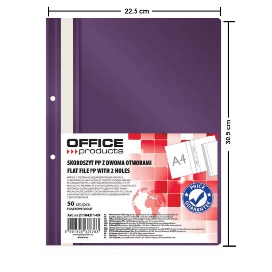 Dosare din Plastic cu Sina si Doua Perforatii, 50 Buc/Set, 225x305 mm, Capacitate 200 Coli, Culoare Mov, Dosare din Plastic OFFICE Products, Dosar pentru Documente, Mapa Documente, Dosare pentru Arhivare Documente