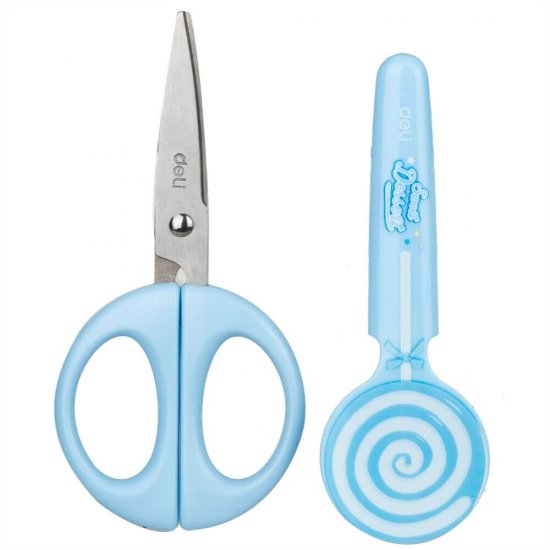 Foarfeca Scolara cu Protectie Deli Lollypop, 13.5 cm, Albastru, Foarfeca cu Protectie pentru Scoala, Foarfeca Scolara Albastra, Foarfeca pentru Copii, Foarfeca Albastra pentru Copii, Foarfeca cu Varf Rotunjit, Foarfeca pentru Scoala