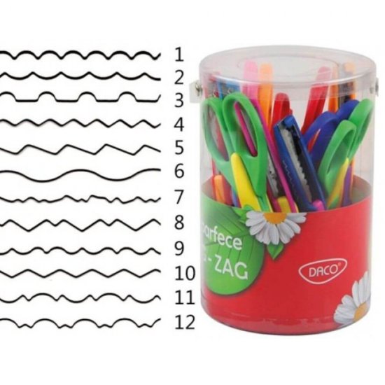 Set 12 Foarfeci DACO Zig-Zag, 16.5 cm, Multicolor, Foarfece Lucru Manual, Foarfece DACO Scrapbooking, Foarfece DACO cu Modele pentru Felicitari, Foarfeca Daco  Zig Zag, Foarfeca cu Lame cu Modele, Foarfeca pentru Hartie si Carton