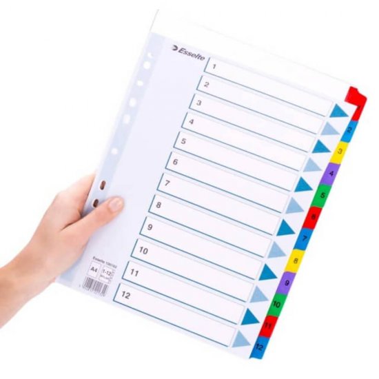 Separatoare Index din Carton Esselte Mylar, A4, Tip Index 1-12, Taste Laminate, Multicolor, Separator Index, Separatoare Carton Index, Separatoare Esselte, Separatoare Esselte Mylar, Separatoare Index Multicolor, Despartitoare din Carton 