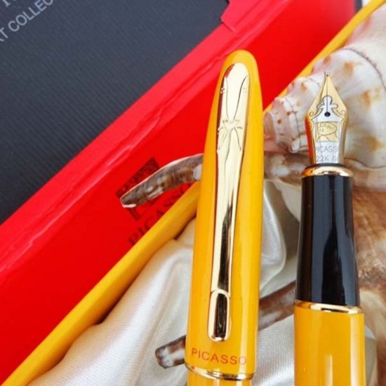 Set de Pix si Stilou cu Convertor PICASSO cu Penita din Iridiu, Placat cu Aur de 22k, Pix cu Mina Tip Parker, Ornamente Aurii, Culoare Corp Galben, Stilou Placat cu Aur, Stilou cu Pix, Stilou PICASSO, Pix PICASSO, Pix cu Mina Parker