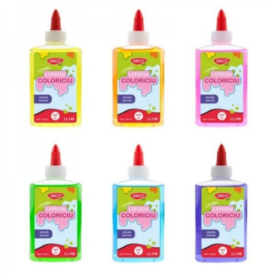 Lipici Lichid DACO, Model Coloriciu, 147 ml, Diverse Culori, Lipici pentru Slime, Lipici Colorat pentru Slime, Lipici Lichid Slime, Lipici Slime Daco, Lipici cu Uscare Rapida