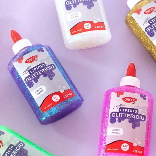 Lipici Lichid Glitter DACO, Model Lipiciu Glittericiu, 147 ml, Diverse Culori, Lipici pentru Slime, Lipici Colorat pentru Slime, Lipici Lichid Slime, Lipici Slime Daco,Lipici cu Sclipici, Lipici Lichid cu Sclipici, Lipici cu Sclipici pentru Slime