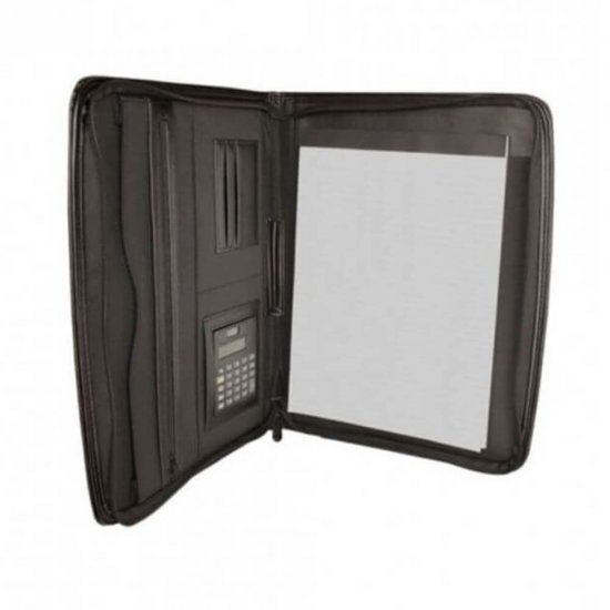 Mapa cu Calculator si Fermoar DACO, 36x28x2.5 cm, Imitatie Piele, Bloc Notes A4 20 Coli, Culoare Neagra, Mape din Pele, Mape pentru Acte, Mape Conferinta, Mapa din Piele pentru Documente, Mapa Office