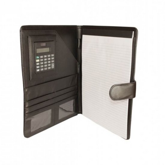 Mapa cu Calculator si Bloc Notes DACO, 31x26x2 cm, Imitatie Piele, Buzunar Carti de Vizita, Culoare Neagra, Mape din Pele, Mape pentru Acte, Mape Conferinta, Mapa din Piele pentru Documente, Mapa Office