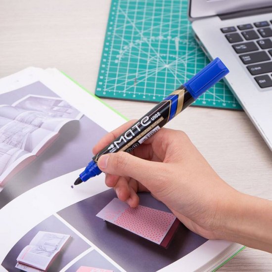 Marker Permanent Deli Mate, 1.5 mm, Albastru, Varf Rotund, Marker Permanent Varf Rotund, Marker Permanent Diverse Suprafete, Marker Permanent Cerneala Non Toxica, Marker Permanent Albastru