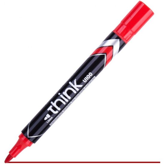 Marker Permanent Deli Think, Varf 1.5 mm, Rosu, Pentru Suprafete Multiple, 1 Buc, Cerneala Rosie pe Baza de Alcool, Markere Permanente cu Varf, Marker Permanent Rosu