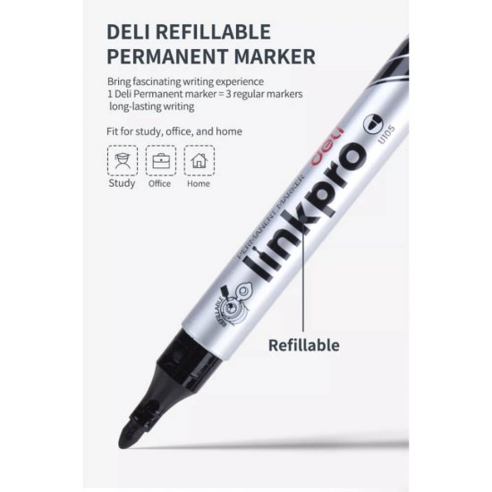 Marker Permanent Deli Link Pro, Negru, Varf Rortund 2 mm, Reincarcabil, Marker Permanent, Deli Marker, Marker Deli, Marker Color, Marker Permanent Color, Marker Permanent Deli