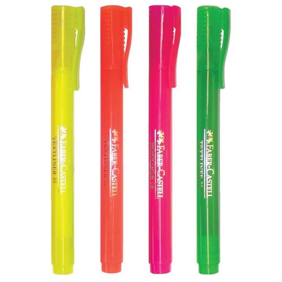 Set 4 Textmarkere Fluorescente Faber-Castell 38, Varf Tesit 2 mm, Marker Highlighter, Set Evidentiatoare, Set Markere, Markere Scoala, Textmarkere, Marker Scoala, Faber-Castell Textmarkere, Textmarker Varf Tesit, Markere de Subliniat