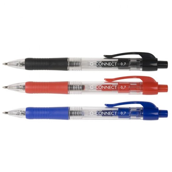 Set 10 Pixuri cu Mecanism si Scriere de 0.7 mm, Corp Transparent cu Grip+ Clip de Prindere, Culoare Albastra, Pixuri Q-CONNECT, Accesorii Birou,Instrumente de Scris