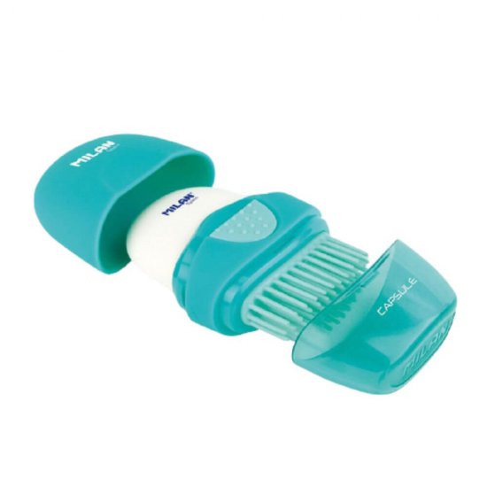 Set 16 Radiere Ovale MILAN Capsule, Carcasa Plastic cu Perie, 4 Culori, Radiere Colorate, Radiere din Cauciuc, Radiere si Gume de Sters, Radiere cu Carcasa, Radiera cu Carcasa, Set Radiere, Set Gume de Sters, Radiere MILAN, Rechizite Scolare