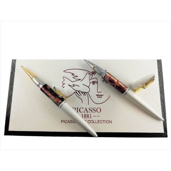 Set Pix si Stilou PICASSO, Ornat cu Cristale, Penita Placata cu Aur 22k, cu Convertor, Corp Alb, Set Pix si Stilou, Set Pix si Stilou Picasso, Pix Placat cu Aur, Stilou Lux, Stilou Placat cu Aur, Stilou Picasso