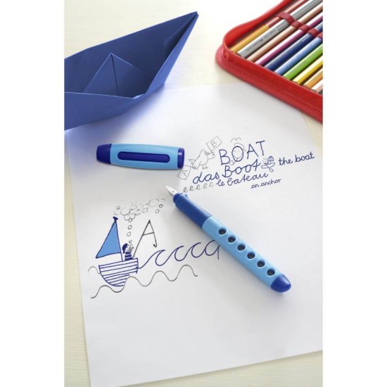 Stilou Scribolino pentru Stangaci Faber-Castell, Albastru, Penita Iridiu, Grip Ergonomic, Stilou Elevi, Stilouri Elevi, Stilou Scoala, Stilouri Scoala, Stilouri Scolare, Stilouri de Scris, Stilouri cu Patroane, Stilouri cu Mina, Stilou cu Mina
