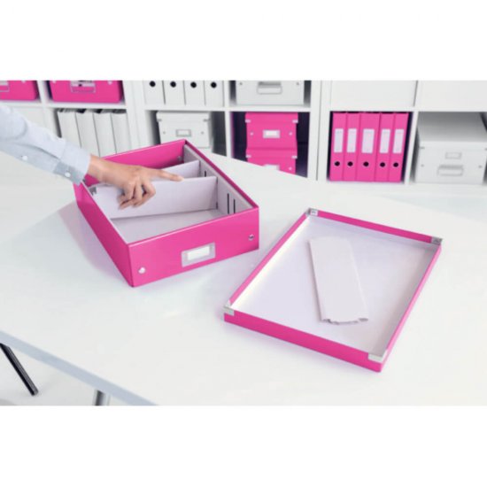 Cutie Organizer Medie din Carton Solid Laminat Leitz Click and Store, 280x100x370mm, Roz, Cutie Carton Colorata, Cutie Depozitare Roz, Cutie Mica pentru Obiecte, Cutie Mica Simpla, Cutie Rezistenta