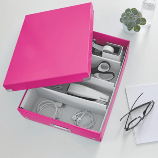 Cutie Organizer Medie din Carton Solid Laminat Leitz Click and Store, 280x100x370mm, Roz, Cutie Carton Colorata, Cutie Depozitare Roz, Cutie Mica pentru Obiecte, Cutie Mica Simpla, Cutie Rezistenta