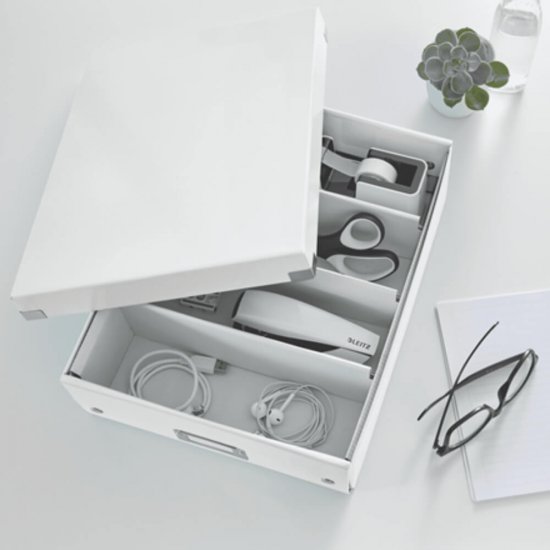 Cutie Organizer Medie din Carton Solid Laminat Leitz Click and Store, 280x100x370mm, Alb, Cutie Carton Clasica, Cutie Depozitare Alba, Cutie Mica pentru Obiecte, Cutie Mica Simpla, Cutie Rezistenta