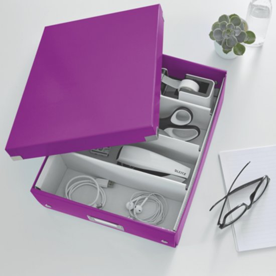 Cutie Organizer Medie din Carton Solid Laminat Leitz Click and Store, 280x100x370mm, Mov, Cutie Carton Colorata, Cutie Depozitare Mov, Cutie Mica pentru Obiecte, Cutie Mica Simpla, Cutie Rezistenta