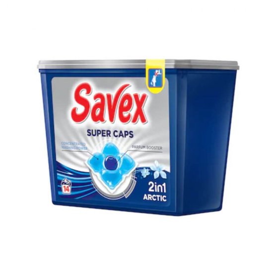 Detergent de Rufe SAVEX Super Caps Arctic, 2 in 1, 14 Capsule, Detergent Rufe, Detergent Caps, Detergent Automat Capsule, Detergent Capsule pentru Haine, Detergent Capsule pentru Rufe, Capsule Detergent pentru Haine
