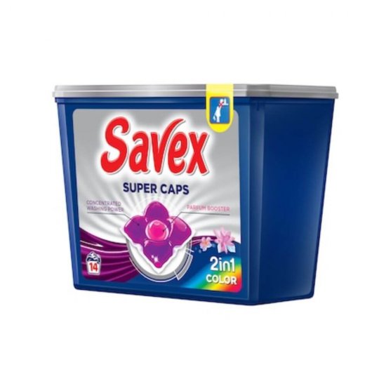 Detergent de Rufe SAVEX Super Caps Color, 2 in 1, 14 Capsule, Detergent Rufe, Detergent Caps, Detergent Automat Capsule, Detergent Capsule pentru Haine, Detergent Capsule pentru Rufe, Capsule Detergent pentru Haine
