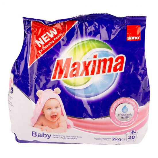 Detergent Pudra Haine SANO Maxima Baby 2 Kg, Parfum Delicat Floral, Piele Sensibila, Detergent pentru Haine, Detergent Pudra pentru Masina de Spalat, Detergent Pudra pentru Spalarea Hainelor,  Detergent Rufe Baby
