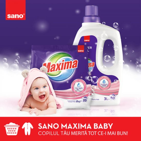 Detergent Pudra Haine SANO Maxima Baby 2 Kg, Parfum Delicat Floral, Piele Sensibila, Detergent pentru Haine, Detergent Pudra pentru Masina de Spalat, Detergent Pudra pentru Spalarea Hainelor,  Detergent Rufe Baby
