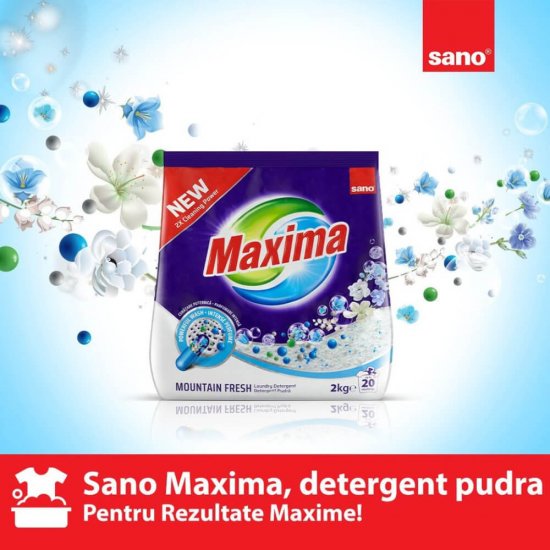 Detergent Pudra Haine SANO Maxima Mountain Fresh 2 Kg, Parfum Fresh, Detergent pentru Haine, Detergent Pudra pentru Masina de Spalat, Detergent Pudra pentru Spalarea Hainelor, Detergent Masina de Spalat, Detergent Sano pentru Rufe
