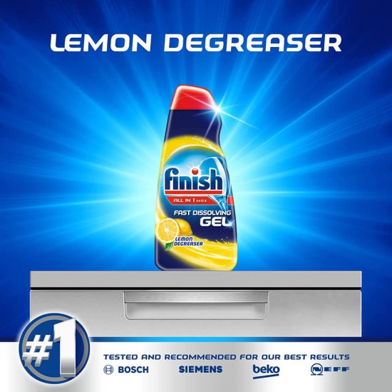 FINISH Gel All in One, Max Lemon, 650 ml, Parfum de Lamaie, Solutie Degresanta, Solutie 3 in 1, 32 de Utilizari, Solutie Degresanta Finish, Gel Curatare, Solutie Curatare Masina de Spalat Vase, Gel Curatare Degresant