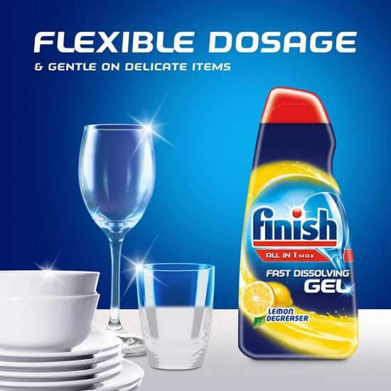 FINISH Gel All in One, Max Lemon, 650 ml, Parfum de Lamaie, Solutie Degresanta, Solutie 3 in 1, 32 de Utilizari, Solutie Degresanta Finish, Gel Curatare, Solutie Curatare Masina de Spalat Vase, Gel Curatare Degresant