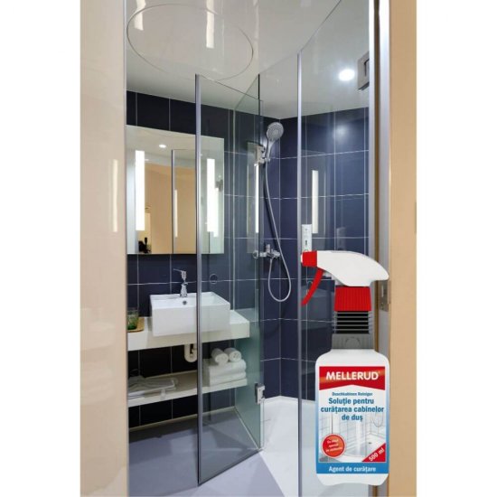 Solutie Curatat Cabina de Dus Mellerud, 500 ml, cu Pulverizator, Solutie pentru Curatarea Cabinelor de Dus, Spray Curatat Dus, Solutie Curatare Dus, Solutie Curatare Baie, Spray Curatare Obiecte Sanitare, Spray Curatare Baie, Solutii Sanitare