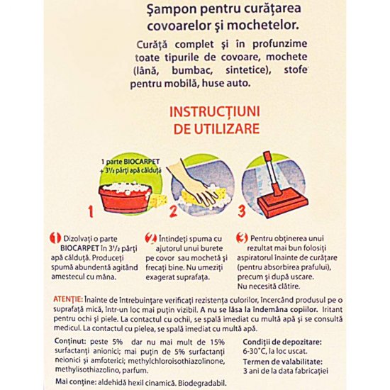 Sampon pentru Covoare Biocarpet, 500 ml, Parfum Floral, Sampon de Covoare, Sampoane pentru Covoare, Sampoane de Covoare, Solutie de Covoare, Solutii de Covoare, Solutie Curatat Covoare, Solutii Curatat Covoare, Solutie pentru Covoare