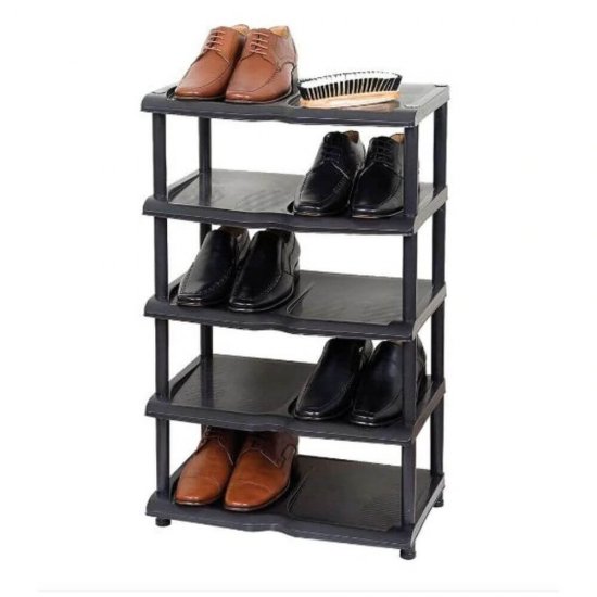 Etajera Pantofi cu 5 Rafturi STERK, 47x33x81 cm, Plastic Negru/Gri, Etajera cu Suporturi Pantofi, Etajere Depozitare Incaltaminte, Etajere Incaltaminte cu Rafturi  Hol, Etajera Uz Casnic de Aranjat Incaltamintea, Etajera Pantofi cu 5 Rafturi din Plastic
