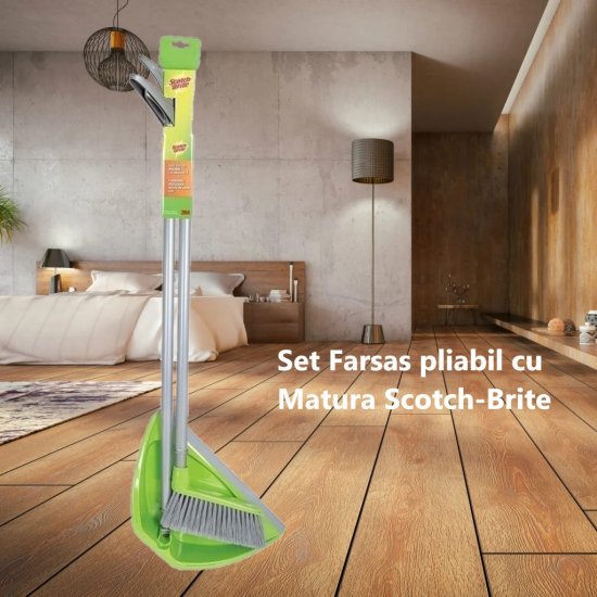 Set Faras Pliabil cu Matura SCOTCH BRITE, Faras cu Lamela din Cauciuc, 30x6.2x99.7 cm, Culoare Verde, Set Uz Casnic, Set pentru Curatenie, Set pentru Menaj, Faras cu Coada Lunga, Faras cu Coada si Matura, Articole de Curatenie