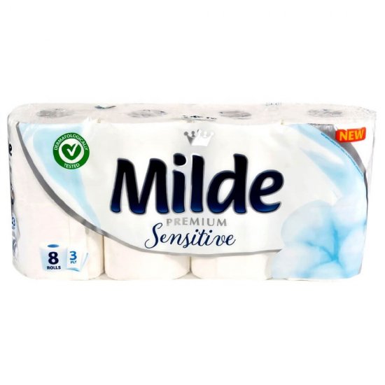 Hartie Igienica Alba Milde Sensitive cu 3 Straturi, 8 Role/Bax, 150 Foi/Rola, Latime 95 cm, Hartie fara Parfum, Hartie Igienica Premium, Hartie Igienica la Bax, Hartie Igienica Alba, Hartie Igienica Milde