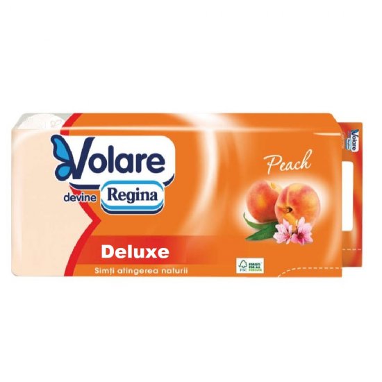 Hartie Igienica Regina Deluxe Peach, 3 Straturi, 10 Role/Bax, 135 Foi/Rola, Latime 96 cm, Hartie cu Parfum Piersica, Hartie Igienica Parfumata, Hartie Igienica la Bax, Hartie Igienica Regina, Hartie Igienica cu Parfum de Piersica