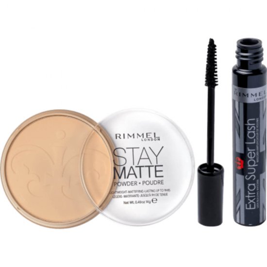 Set Cadou pentru Femei RIMMEL LONDON, Mascara Extra Super Lash / Pudra Stay Matte 001 Transparent, Set Machiaje pentru Femei, Set Produse Infrumusetare, Set Rimel si Pudra de Fata, Set Cadou cu Machiaje, Set Farduri pentru Femei