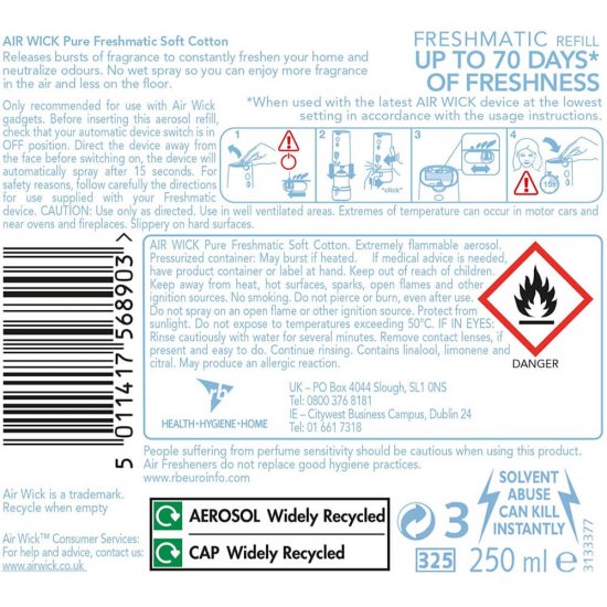 Rezerva Spray Odorizant AIR WICK Freshmatic Pure, Soft Cotton, 250 ml, Parfum Floral, Spray tip Aerosol, Odorizant Camera, Spray de Camera, Spray Odorizant, Rezerva Spray de Camera, Spray Odorizant Parfumat