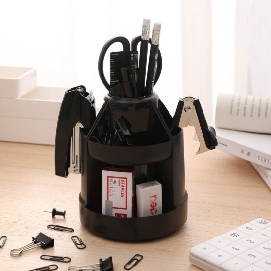 Organizator Rotativ de Birou Deli Maxi, Echipat cu Instrumente Scris, Organizator pentru Instrumente de Scris cu Baza Rotativa, Suport Accesorii Birou cu Baza Rotativa Deli, Suport Accesorii Birou, Suport Accesorii de Scris, Organizer Instrumente Scris