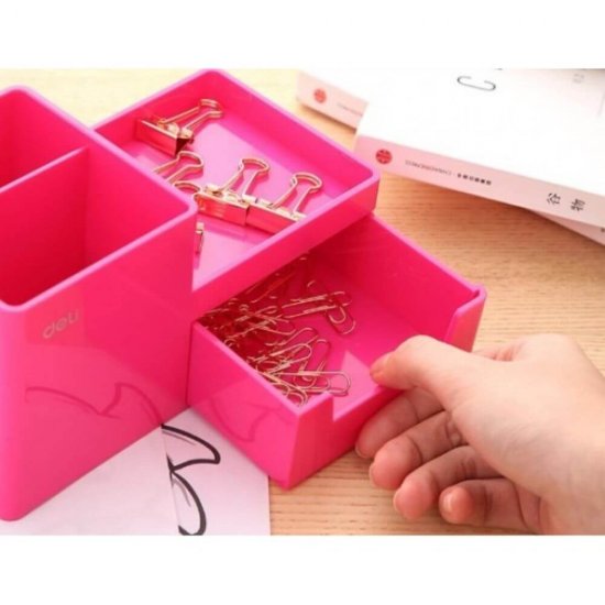 Suport Birou Deli, 3 Compartimente si Sertar, Roz, Plastic, Suport pentru Birou, Suport de Birou, Suport Accesorii Birou, Suport Instrumente de Scris, Suport Birotica, Suport Birou cu 3 Compartimente si Sertar, Suport Birou cu Sertar Mic