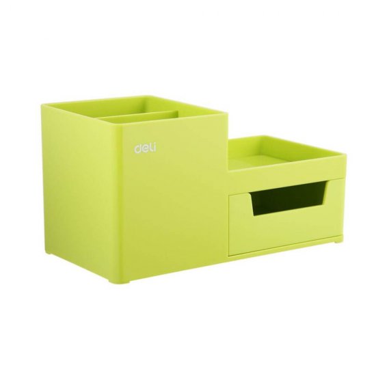 Suport Birou Deli, 3 Compartimente si Sertar, Verde, Plastic, Suport pentru Birou, Suport de Birou, Suport Accesorii Birou, Suport Instrumente de Scris, Suport Birotica, Suport Birou cu 3 Compartimente si Sertar, Suport Birou cu Sertar Mic