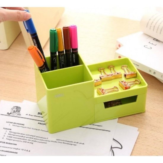 Suport Birou Deli, 3 Compartimente si Sertar, Verde, Plastic, Suport pentru Birou, Suport de Birou, Suport Accesorii Birou, Suport Instrumente de Scris, Suport Birotica, Suport Birou cu 3 Compartimente si Sertar, Suport Birou cu Sertar Mic
