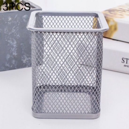 Suport Birou Patrat ECADA, 8x8x10 cm, Plasa Metalica, Argintiu, Suport pentru Pixuri, Suport pentru Pensule, Suport pentru Creioane, Suport pentru Markere, Suport Pixuri Birou, Organizator Pixuri, Suport Instrumente de Scris Birou