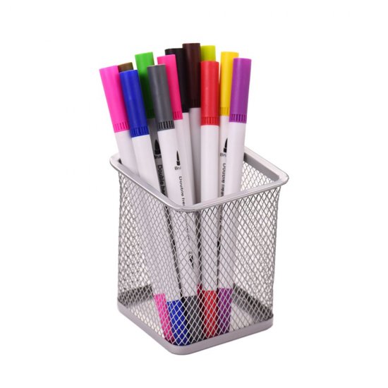 Suport Birou Patrat ECADA, 8x8x10 cm, Plasa Metalica, Argintiu, Suport pentru Pixuri, Suport pentru Pensule, Suport pentru Creioane, Suport pentru Markere, Suport Pixuri Birou, Organizator Pixuri, Suport Instrumente de Scris Birou