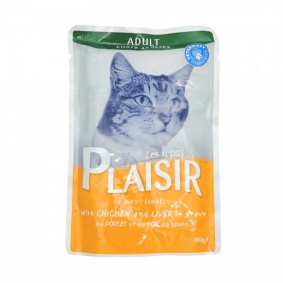 Hrana Umeda pentru Pisici Plaisir cu Pui si Ficat, 100g, Hrana Pisici Plaisir, Hrana Pisici Adulte, Hrana pentru Pisici Adulte, Mancare pentru Pisici,
