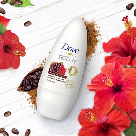 Deodorant Roll On Femei, 48h, 50 ml, Dove Nourishing Secrets Raw Cacao and Hibiscus Flower, Deodorant Anti-Perspirant Roll On Dove, Deodorant Roll On Dove Nourishing Secrets Raw Cacao and Hibiscus Flower, Deodorante Roll On Dove