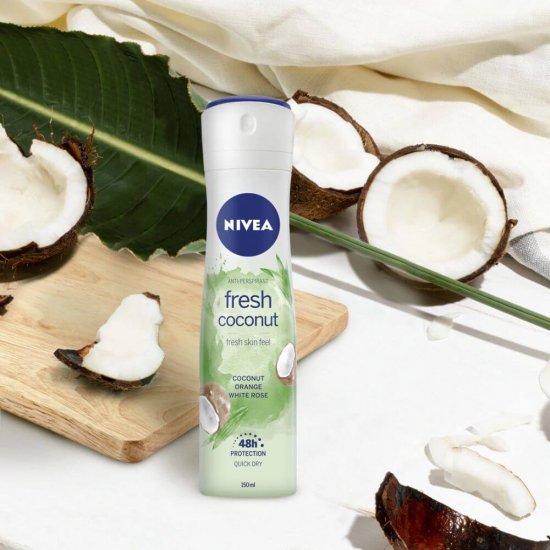 Spray Deodorant Nivea Fresh Coconut, Cocos si Trandafiri Albi, 150 ml, Deodorant Femei, Deodorant Spray Nivea, Antiperspirant Nivea, Deodorante si Antiperspirante Femei, Spray Antiperspirant, Ingrijire Corporala, Deodorante Nivea pentru Femei