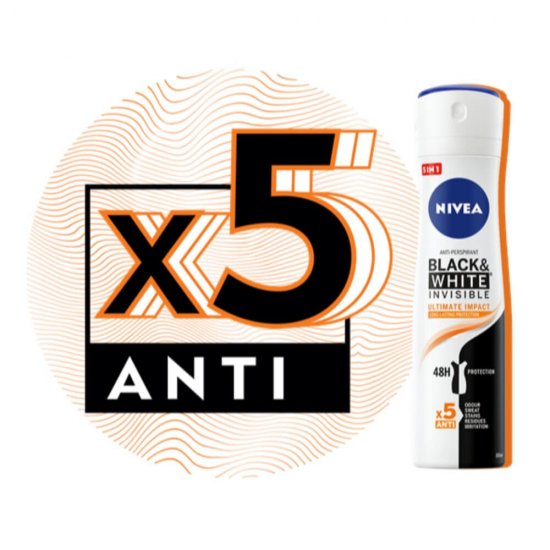 Spray Deodorant Nivea Black&White Invisible Ultimate Impact, 150 ml, Deodorant Femei, Deodorant Spray Nivea, Antiperspirant Nivea, Deodorante si Antiperspirante Femei, Spray Antiperspirant, Ingrijire Corporala, Deodorante Nivea pentru Femei