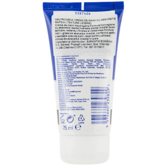 Crema de Maini Neutrogena Fast Absorbing, 75 ml, Neutrogena Creme de Maini, Crema Hidratanta pentru Maini Aspre, Neutrogena Crema Hidratanta de Maini Crapate, Crema Hranitoare pentru Piele Uscata, Neutrogena Crema Protectie Piele Uscata